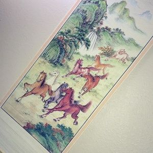 Horses Happy Prancing Waterfall Landscape Art